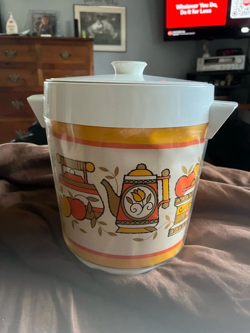 Vintage Style White Plastic Ice Bucket with Yellow and Orange Teapot Print